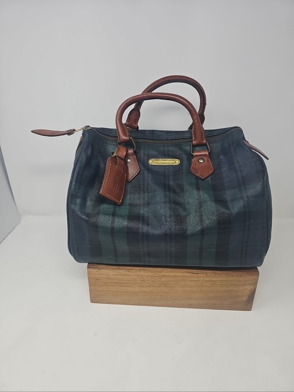 Polo Ralph Lauren Green Plaid Satchel with Brown Leather Trim